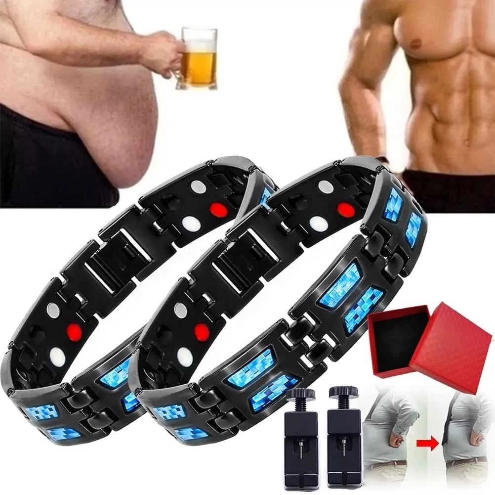 2Pcs Carbon Blue Titanium Magnetic Therapy Pulseiras Únicas Duplas Fileiras Força