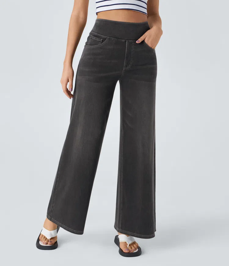 JEANS DE CINTURA ALTA COM PERNAS LARGAS MUITO ELÁSTICAS