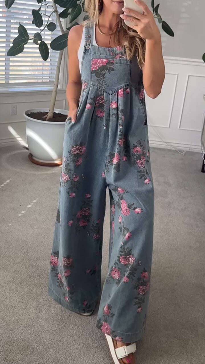 Macacão de ganga casual com bolso estampado para mulher de verão