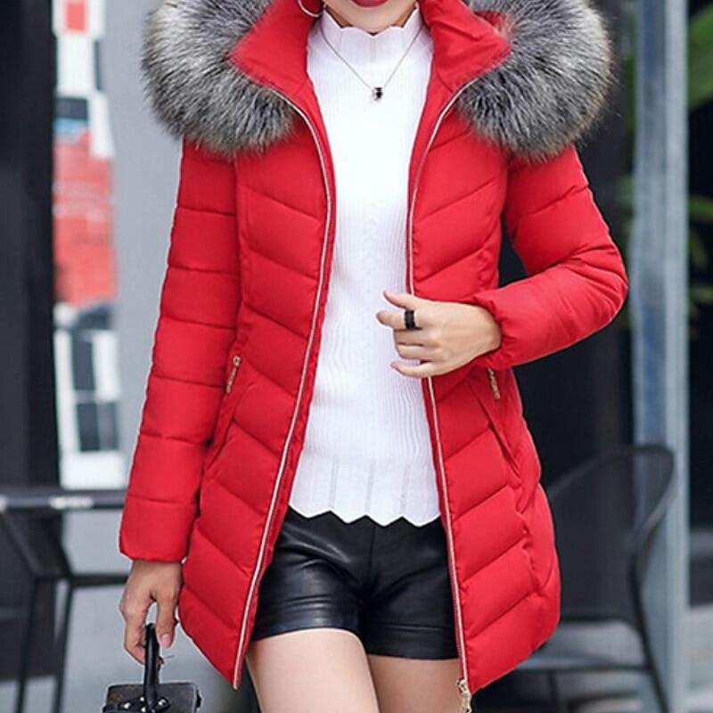 Nova jaqueta feminina de comprimento médio slim fit com gola de pele grande