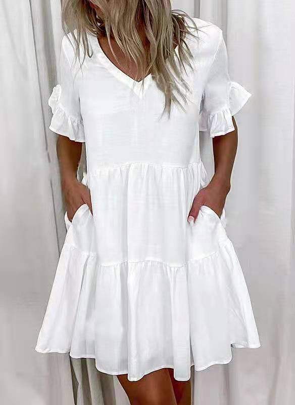 2024 moda primavera e verão vestido curto estampado com babados e bolso para mulheres