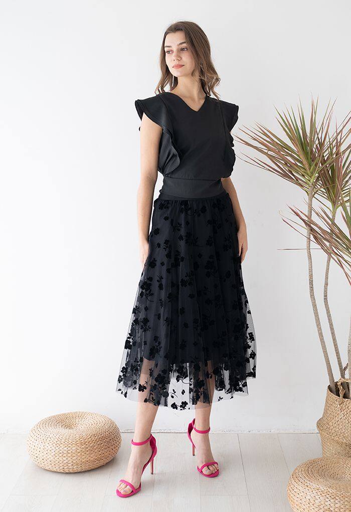 Top preto de malha com retalhos de malha sem ombros preto + conjunto de saia de comprimento médio de malha dupla camada 3D POSY