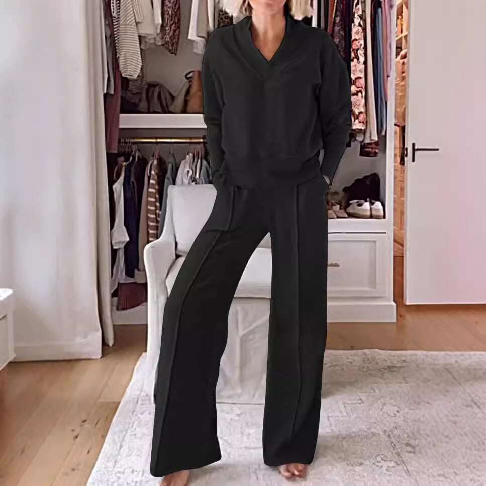 inostorTM-Conjunto de duas peças feminino com decote em V e blusa de cor sólida