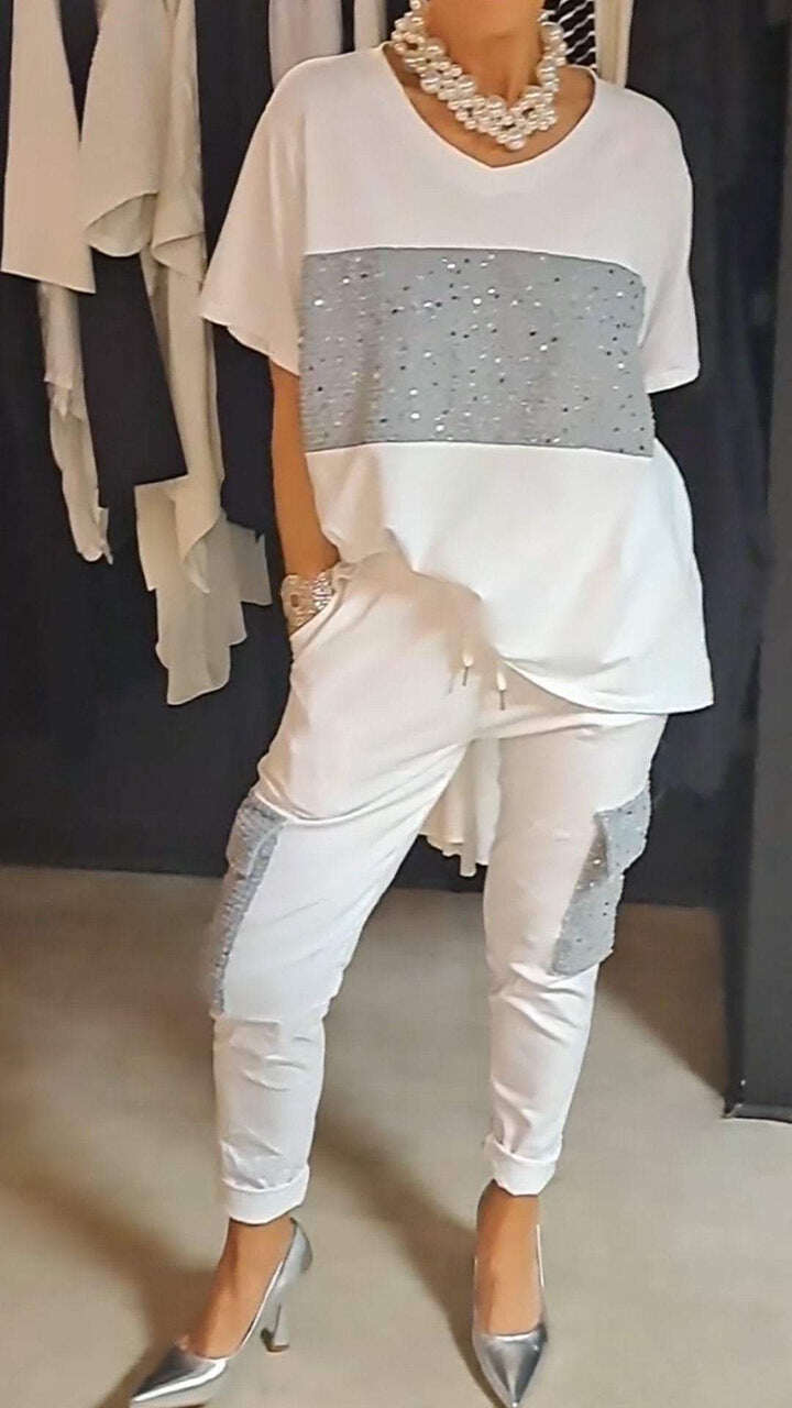 Vestido de duas peças com gola redonda e lantejoulas para lazer