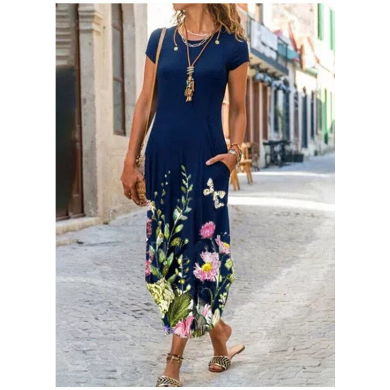 Primavera e verão novo estilo em torno do pescoço bolso manga curta vestido estampado na moda