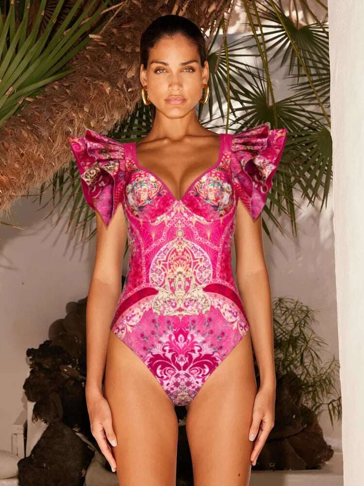 2025 New Ruffle Print One Piece Swimsuit Set