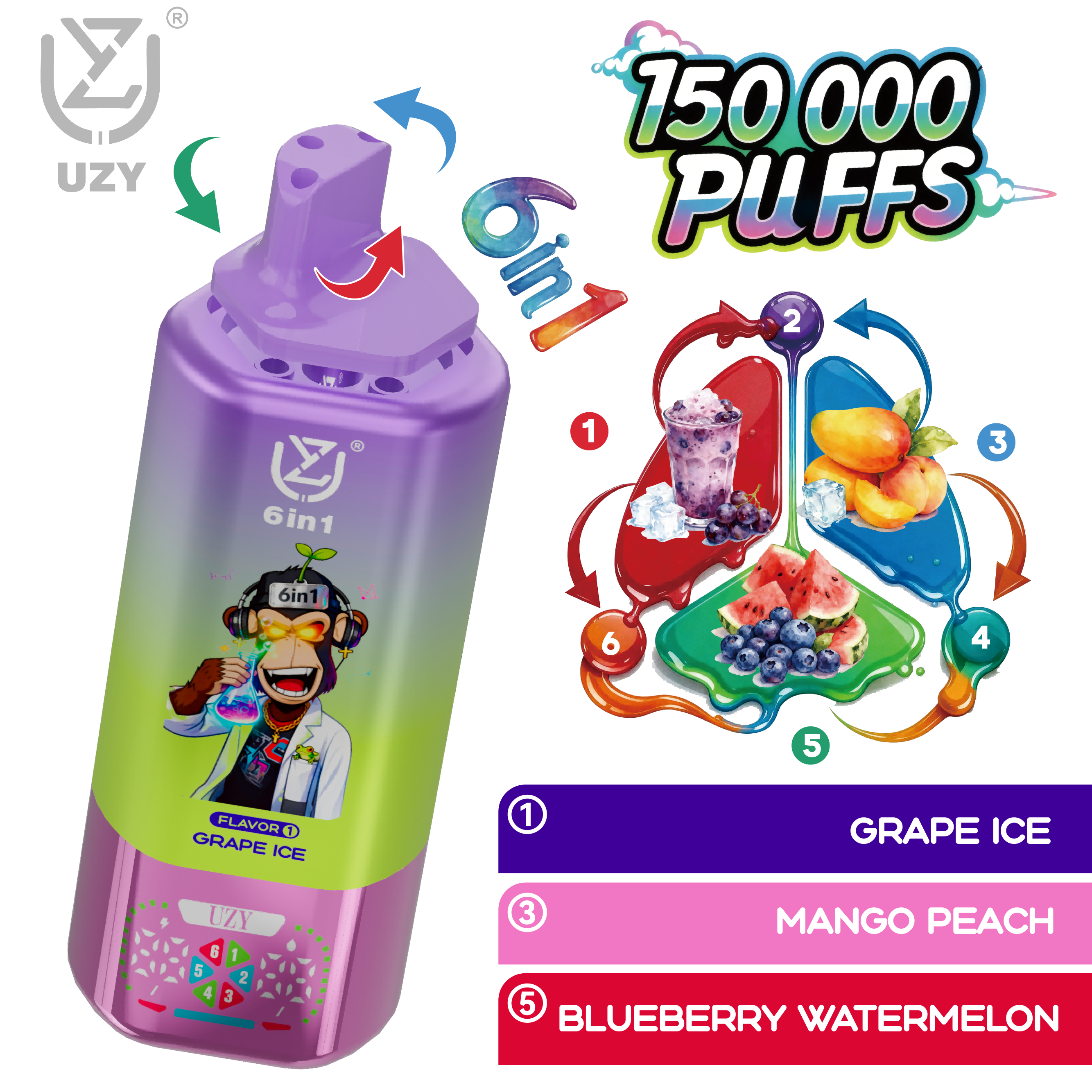 UZY 150K Puffs 6 in 1 Switch Vape Pen | Big Puff Crystal Vape with 0%-5% Nicotine, Signle/Flavor Fusions, LED Display, Massive E-Juice