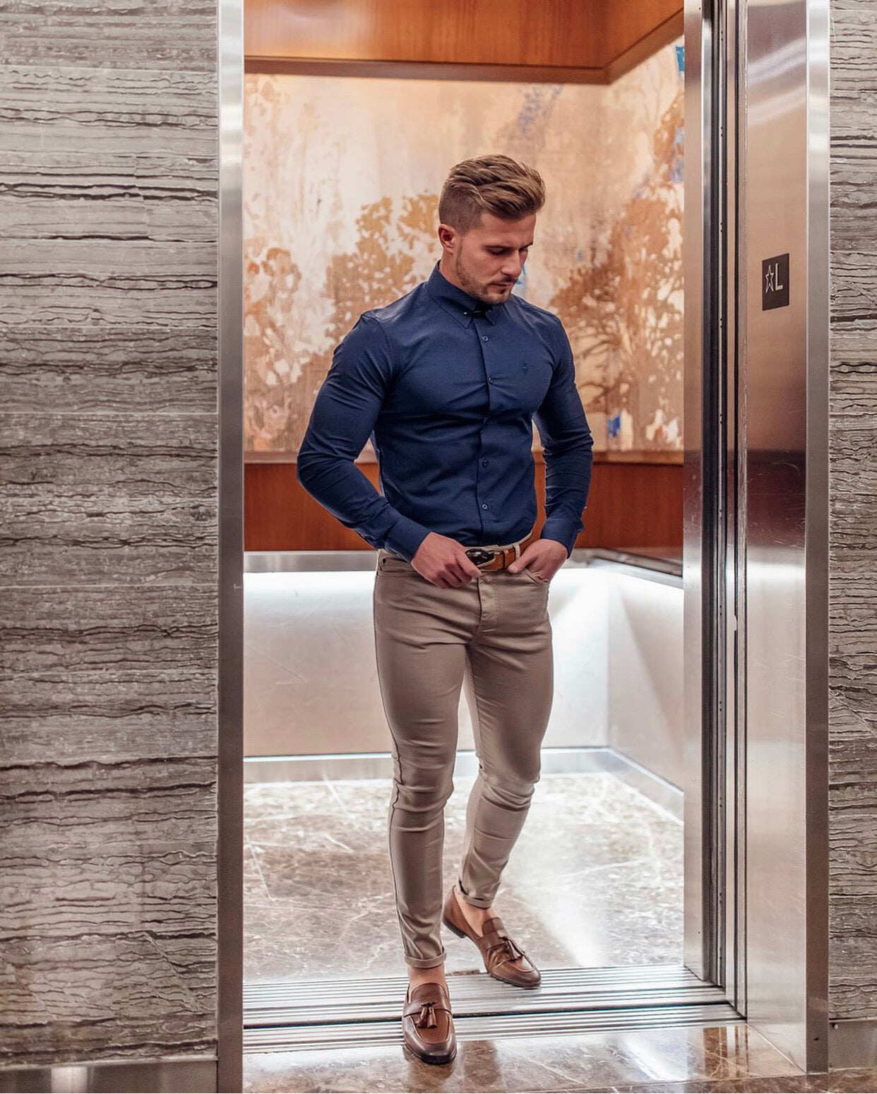 Slim Stretch Beige Sateen Trousers - FSH407