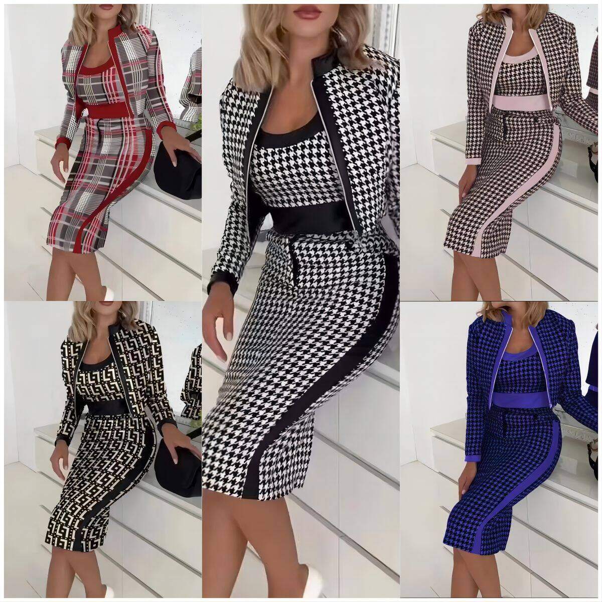 Colete feminino de moda de rua, cardigã, saia justa, terno de três peças, promoção Colete feminino de moda de rua, cardigã, saia justa, terno de três peças, promoção Colete feminino de moda de rua, cardigã, saia justa, terno de três peças, promoção Colet