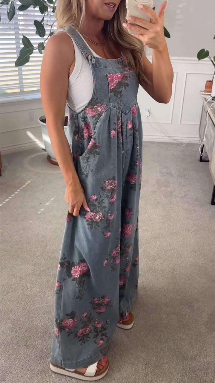 Macacão de ganga casual com bolso estampado para mulher de verão