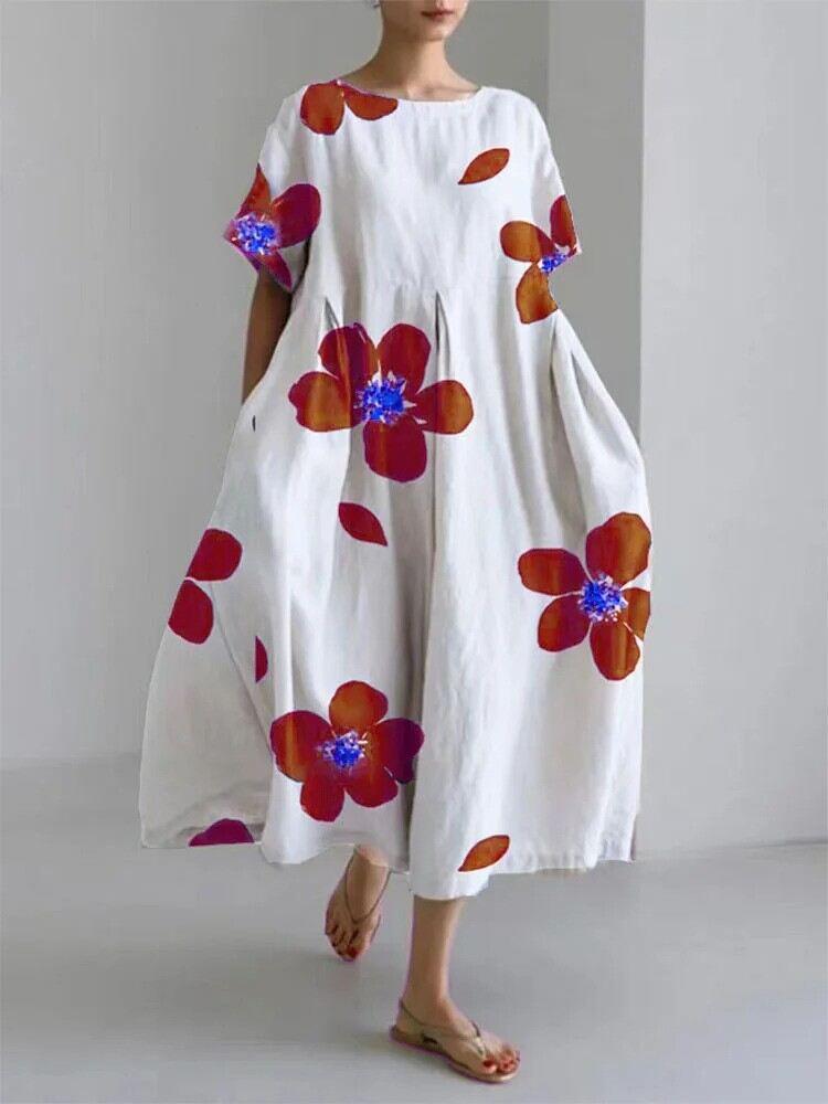 Vestido feminino de manga curta feito à mão em algodão e linho