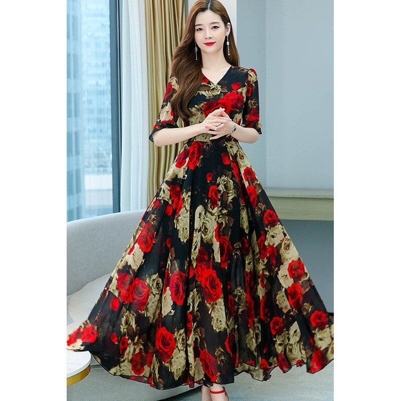【M-4XL】👗2024 agora temperamento vestido de saia grande de seda gelada 【Compre 1 e ganhe 1 grátis】