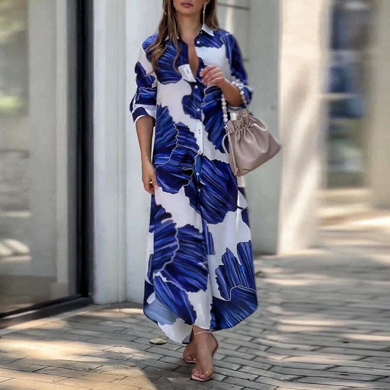 Рокля със син принт Модерна дълга рокля