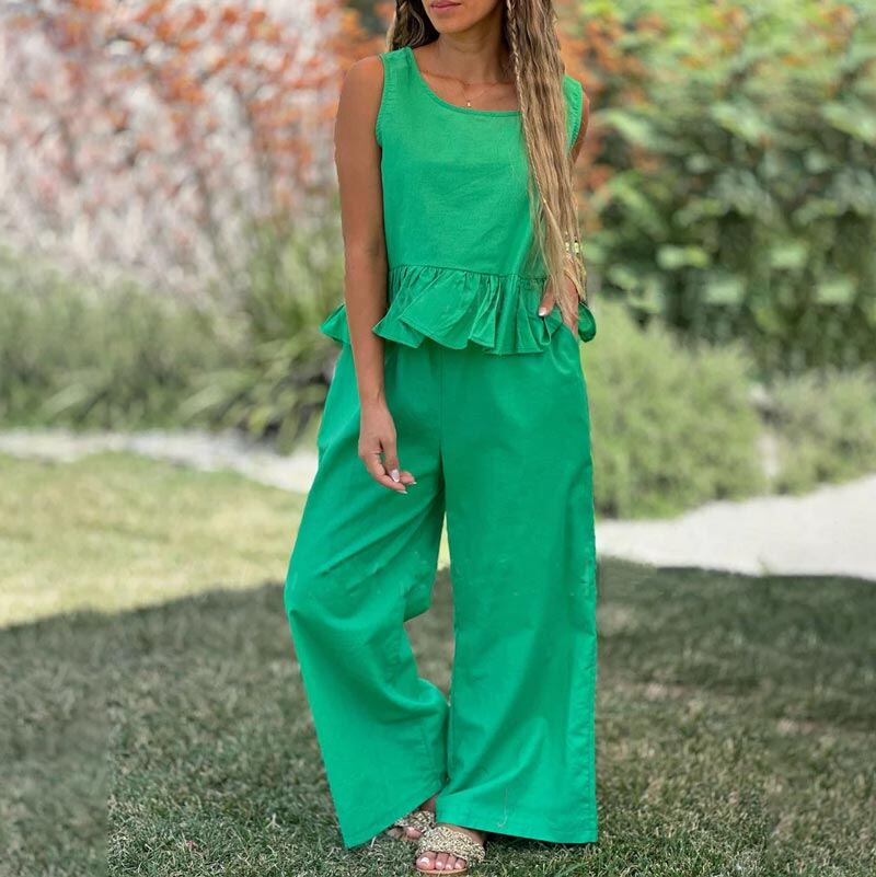 👗Conjunto feminino de duas peças sem mangas de algodão e linho de cor sólida