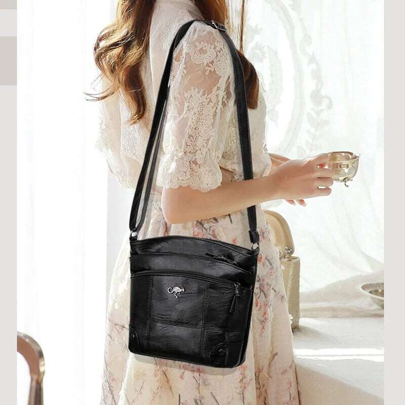 Bolsa de ombro de grande capacidade com vários bolsos e mensageiro de couro macio