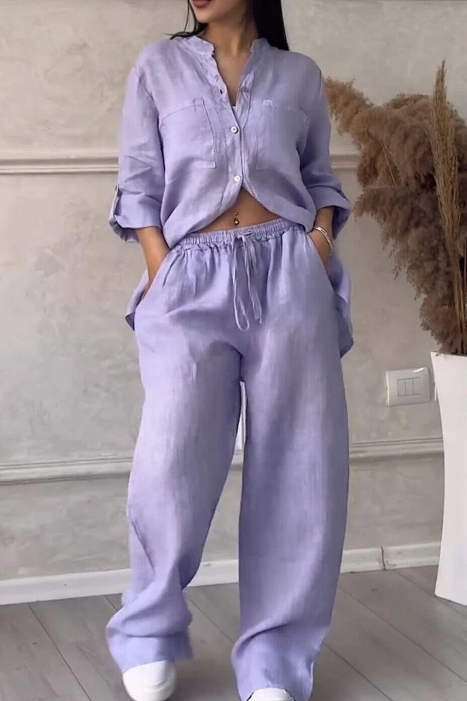 [S-5XL] 2024 primavera e verão novo top + calças conjunto de duas peças de algodão e linho