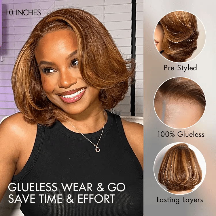 Limited Design | Toffee Brown Mix Blonde / Natural Black Layered Cut Glueless 5x5 Closure Lace Bob Wig