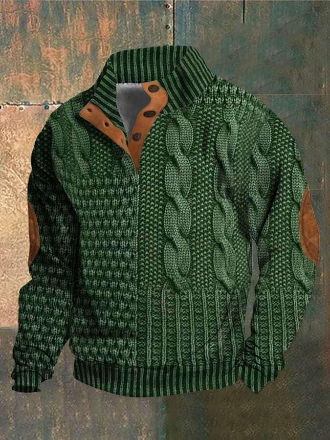 Moletom casual masculino com estampa retrô e botão de gola alta