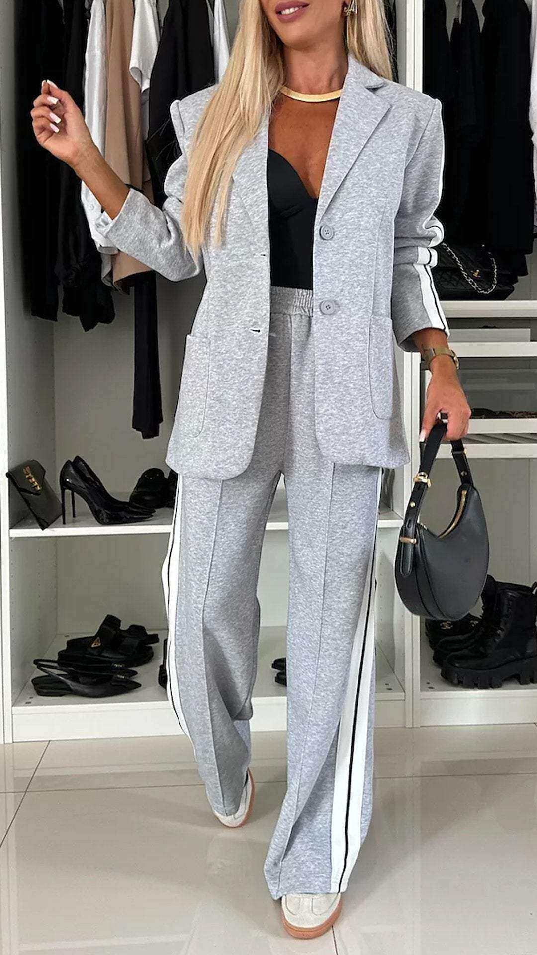 Conjunto casual feminino de duas peças com lapelas e mangas compridas