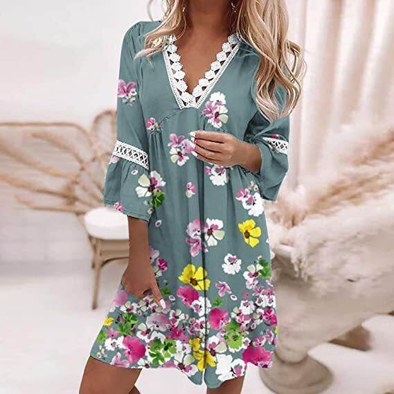 Novo vestido de verão com retalhos de renda estampado em algodão e linho