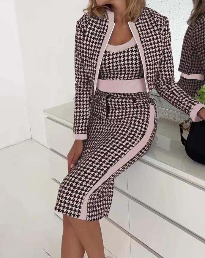 Colete feminino de moda de rua, cardigã, saia justa, terno de três peças, promoção Colete feminino de moda de rua, cardigã, saia justa, terno de três peças, promoção Colete feminino de moda de rua, cardigã, saia justa, terno de três peças, promoção Colet