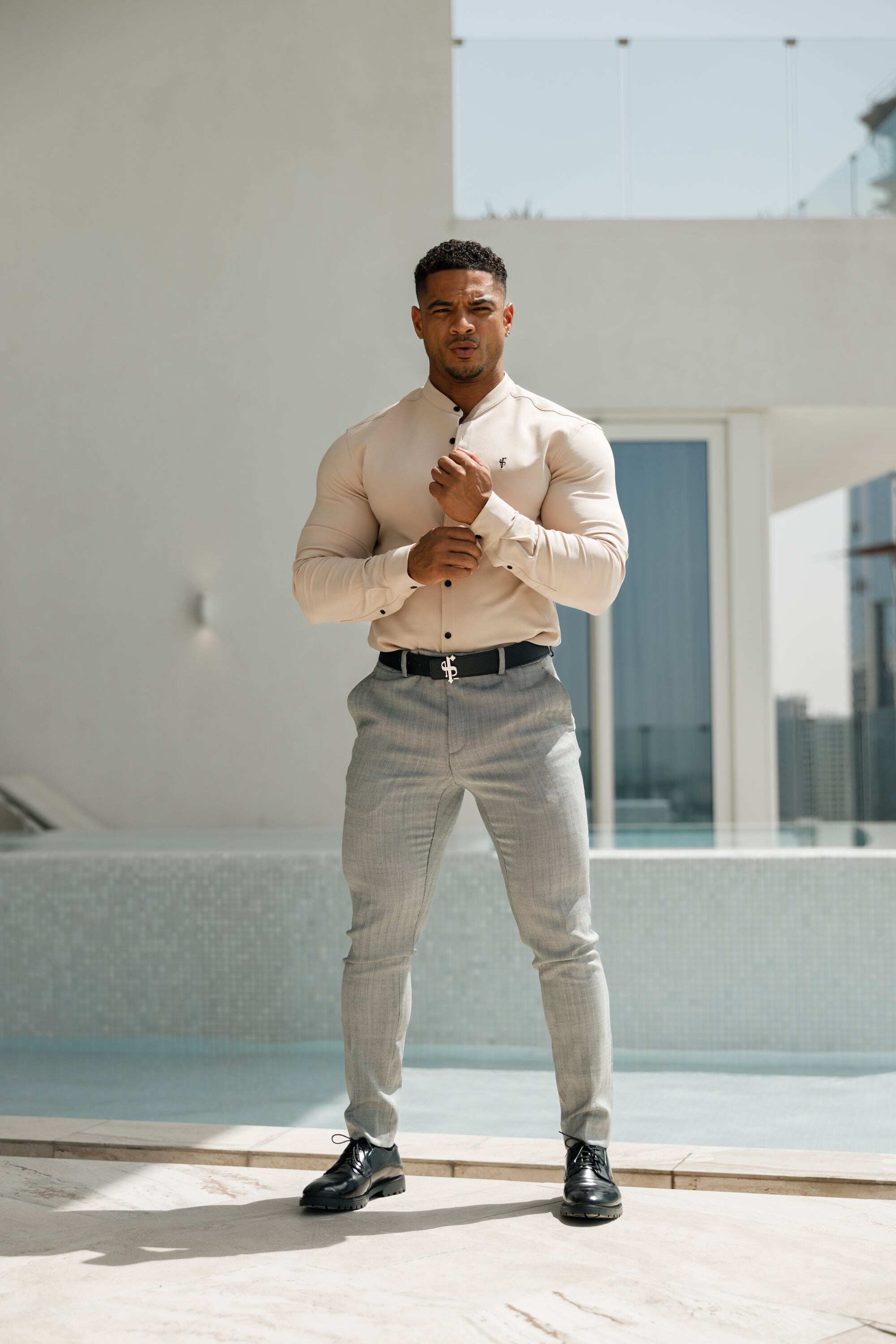 Father Sons Slim Formal Black and White Herringbone Stretch Trousers - FST014