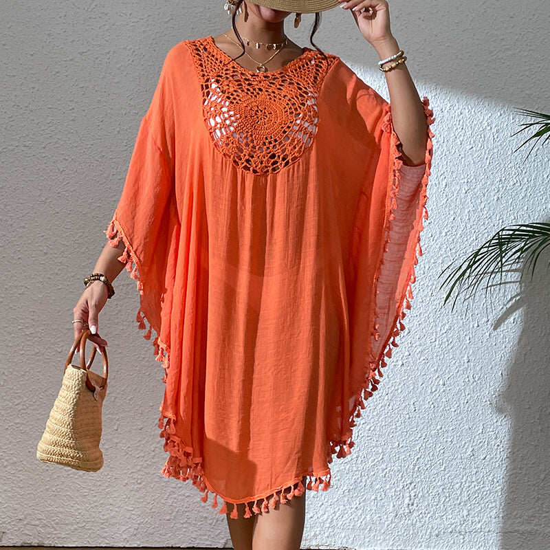 Vestido Resort Sunset com Franjas e Gola Redonda