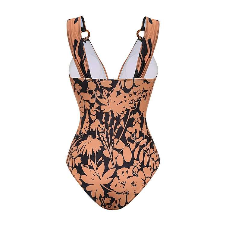 2025 New V Neck Shadow of Trees Printed One Piece Swimsuit Set