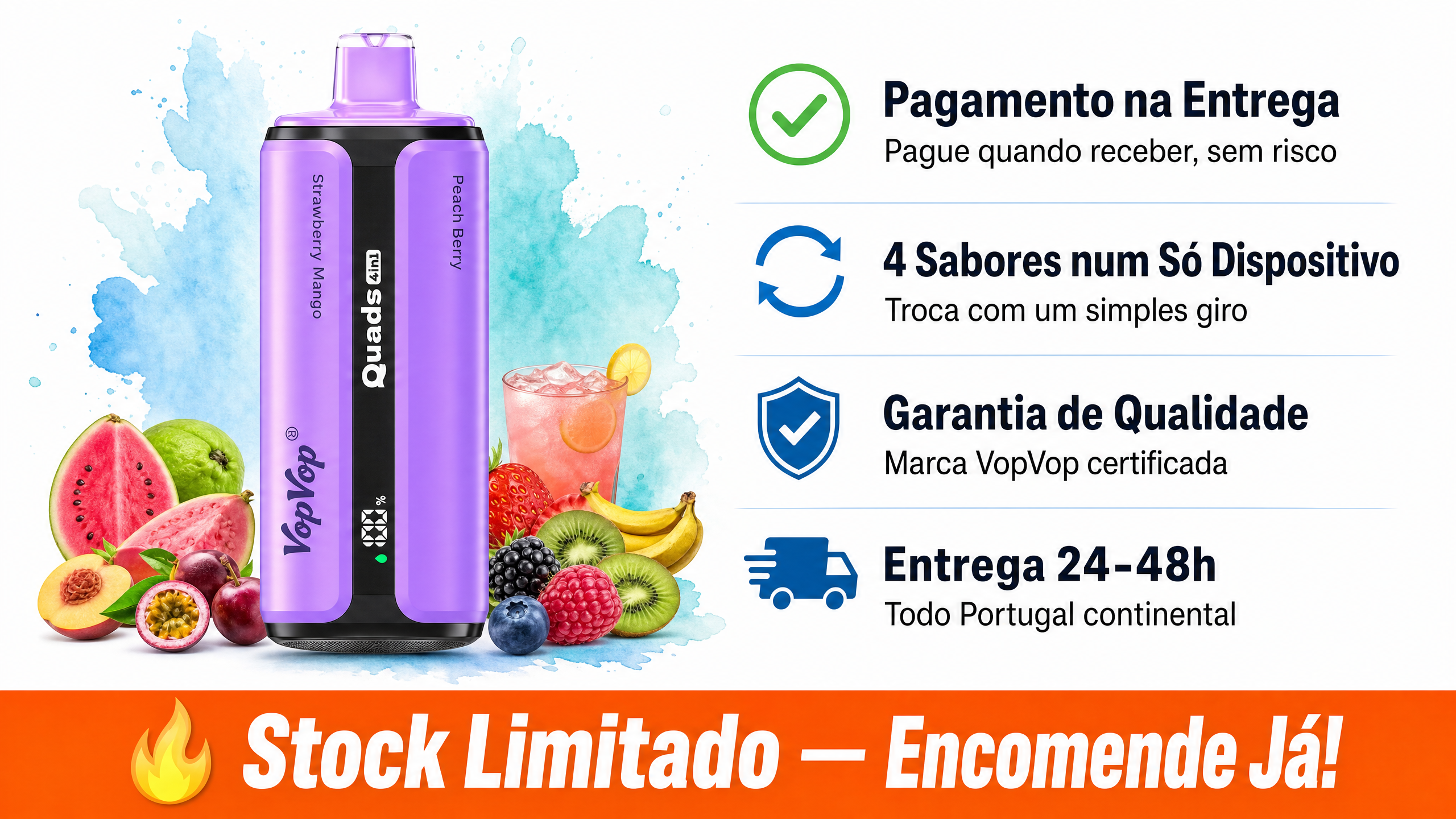 Porquê escolher VopVop Quads — pagamento na entrega COD, 4 sabores rotativos, garantia de qualidade, entrega CTT rápida em Portugal