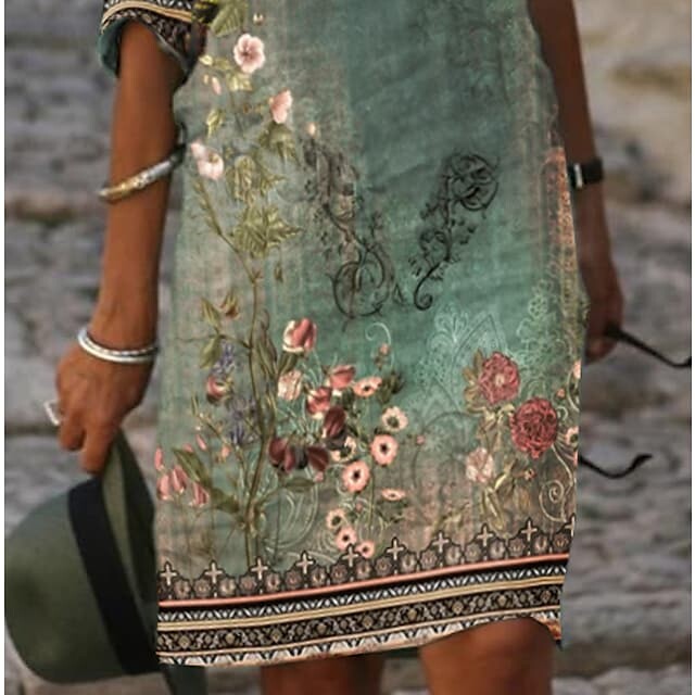 Vestido casual de meia manga com estampa floral de Outono de comprimento médio