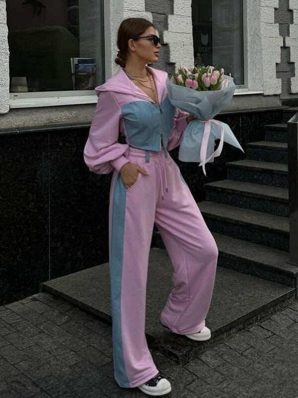 Feminino sexy contraste cor bolso casual fato de treino