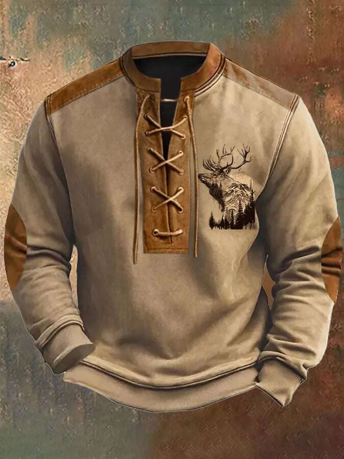 Moletom masculino retrô com estampa de blocos de cores ocidentais e cordão de alce com gola alta