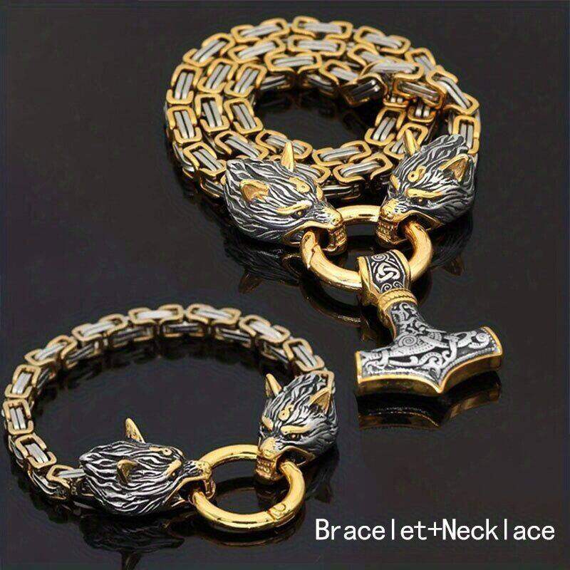 Nordycko® |. Colar de cabeça de lobo estilo viking nórdico com martelo