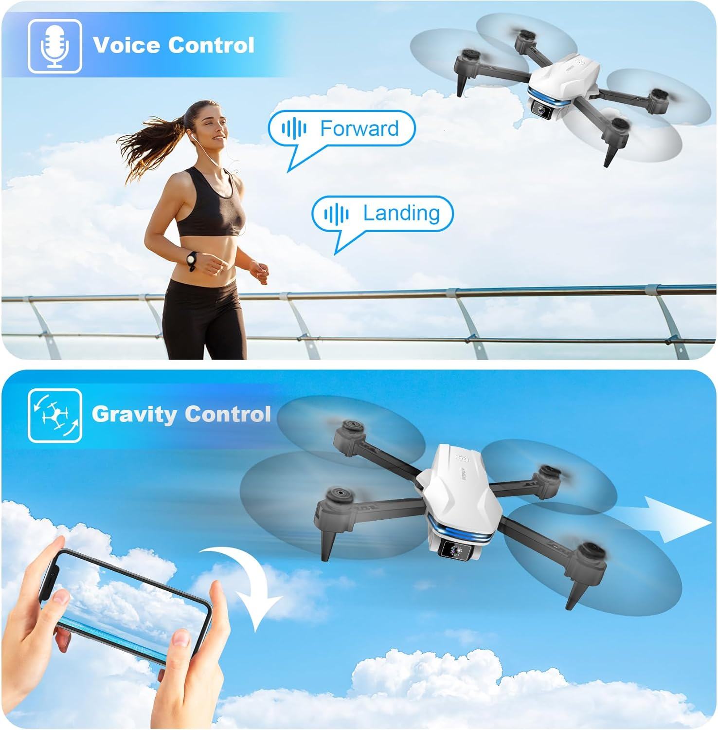 Drone com câmera 1080P HD FPV Drone dobrável para iniciantes e crianças, Quadcopter com controle de gestos de voz com estojo de transporte, decolagem/pouso com uma tecla, posicionamento de fluxo óptico, giro de 360°, voo de ponto de passagem