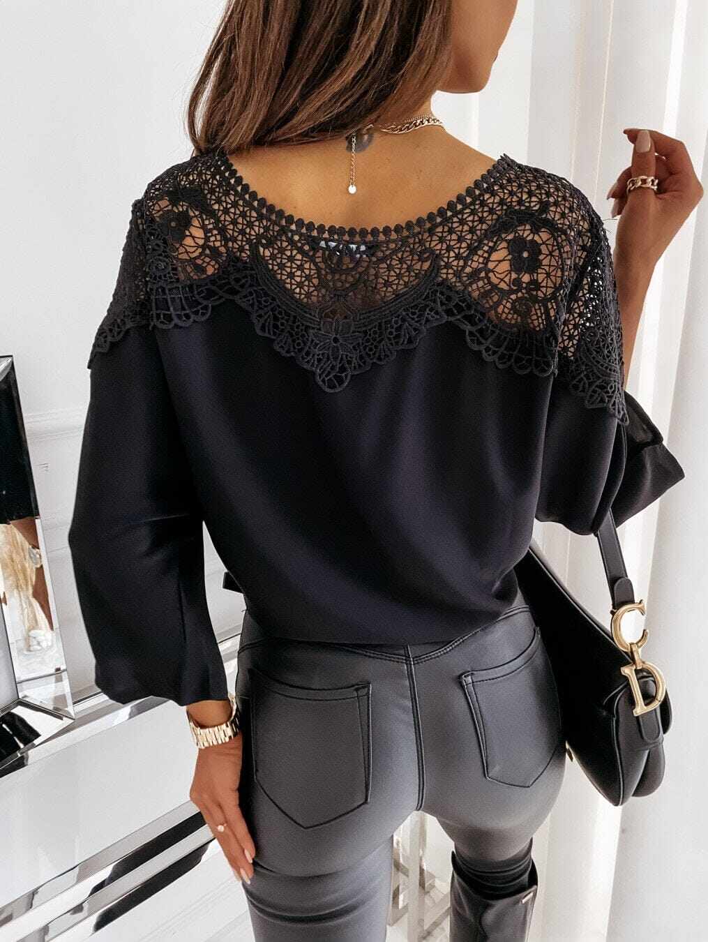 Blusa feminina outono 3/4 manga sexy renda costurada elegante vintage
