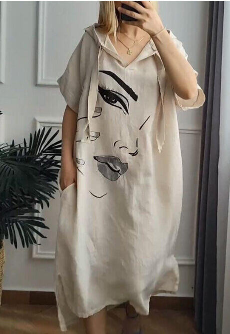 Vestido feminino urbano casual solto com capuz e transferência de calor