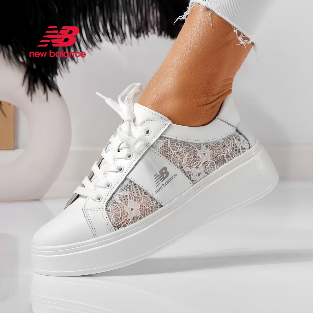 Tênis casual feminino New Balance respirável com cadarço e couro natural