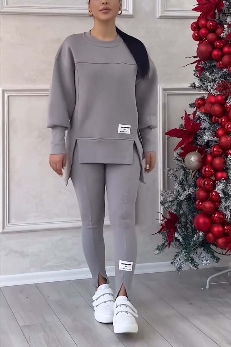 Conjunto feminino casual de cor sólida com gola redonda e manga comprida