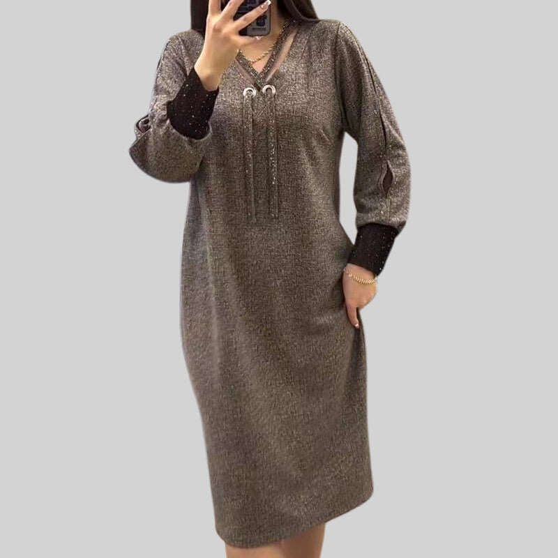 Vestido feminino de manga comprida com decote em V