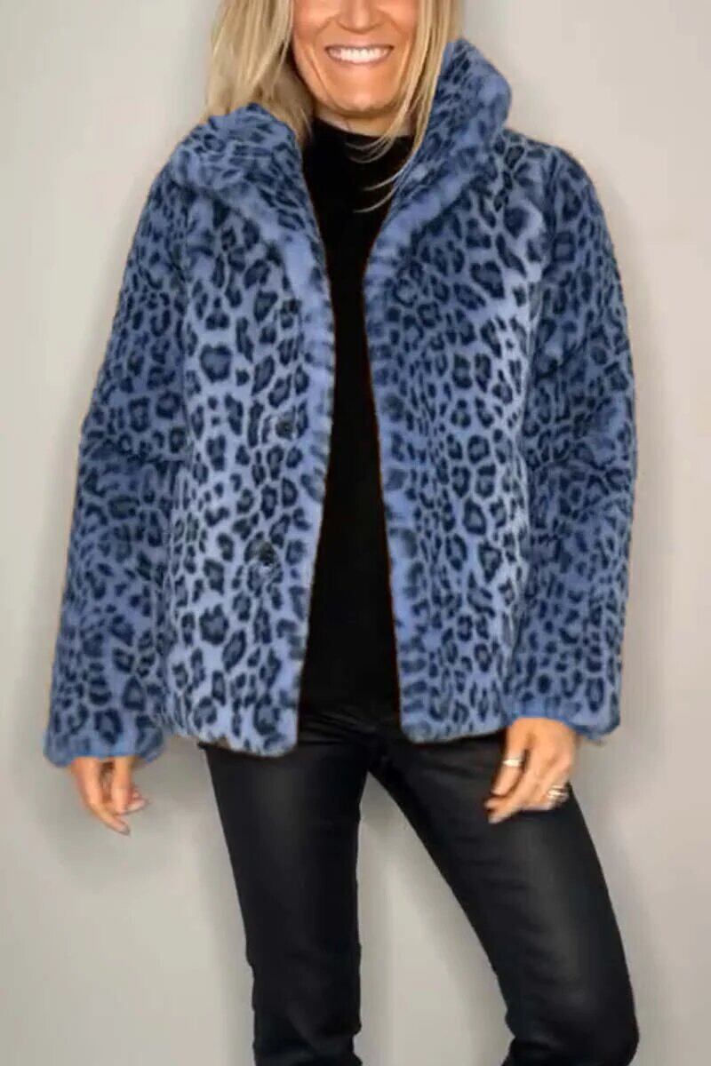 Casaco de inverno feminino elegante com lapela de leopardo e pele sintética