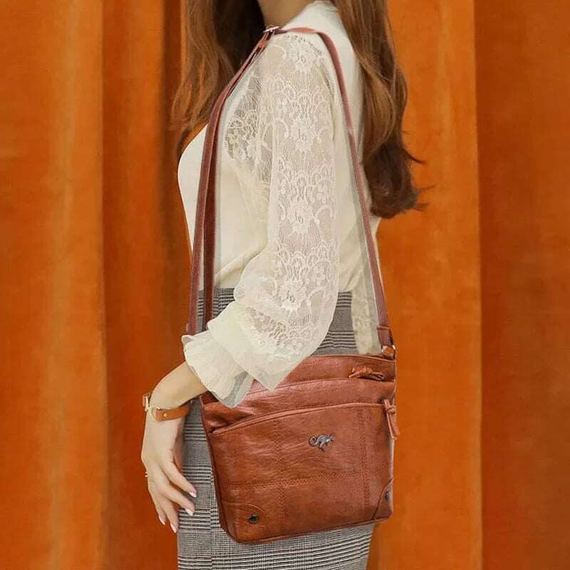 Bolsa de ombro de grande capacidade com vários bolsos e mensageiro de couro macio