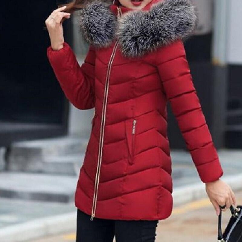 Nova jaqueta feminina de comprimento médio slim fit com gola de pele grande