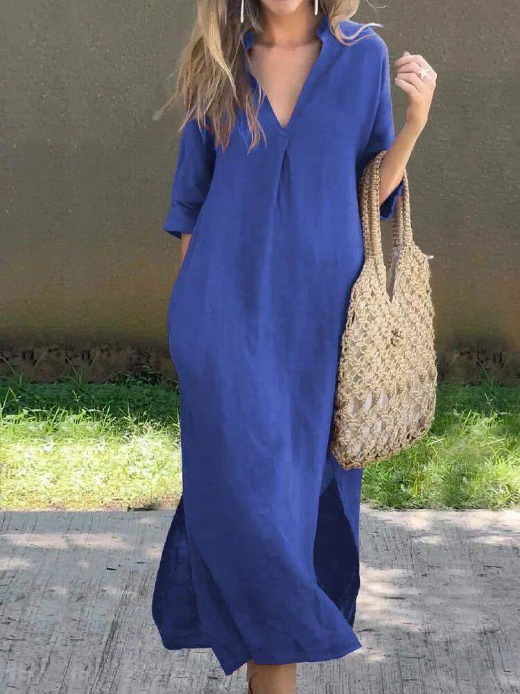Vestido largo em algodão e linho, elegante e casual, multicolor com decote em V e bolso para mulher