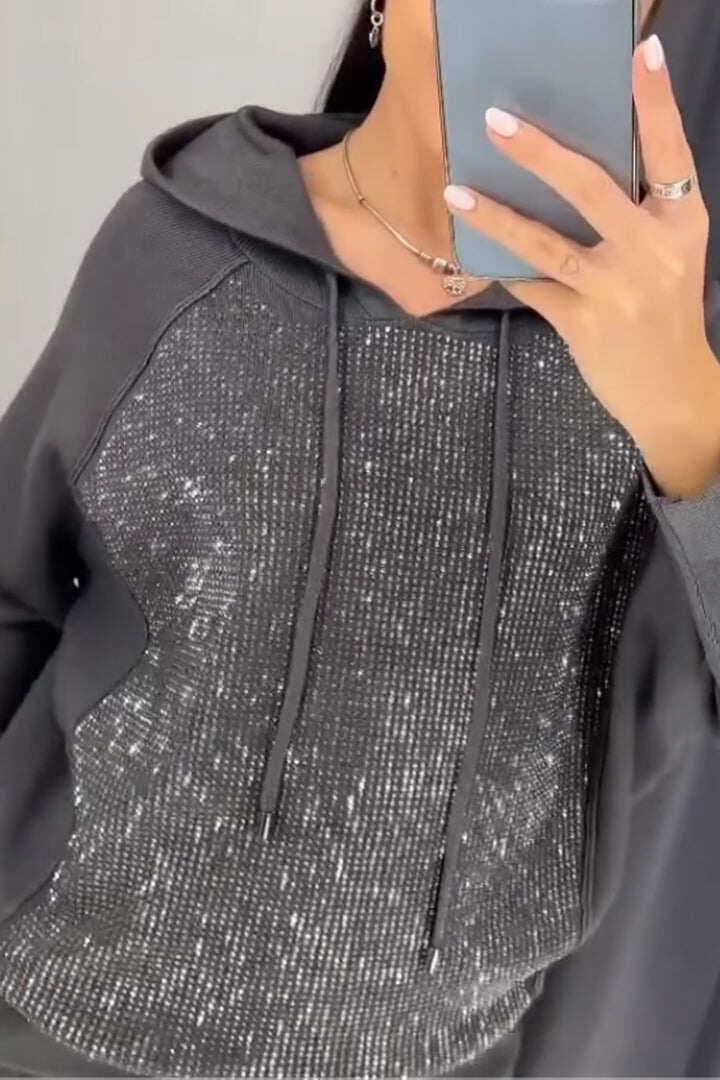 Fato de treino casual feminino com capuz decorado com diamantes