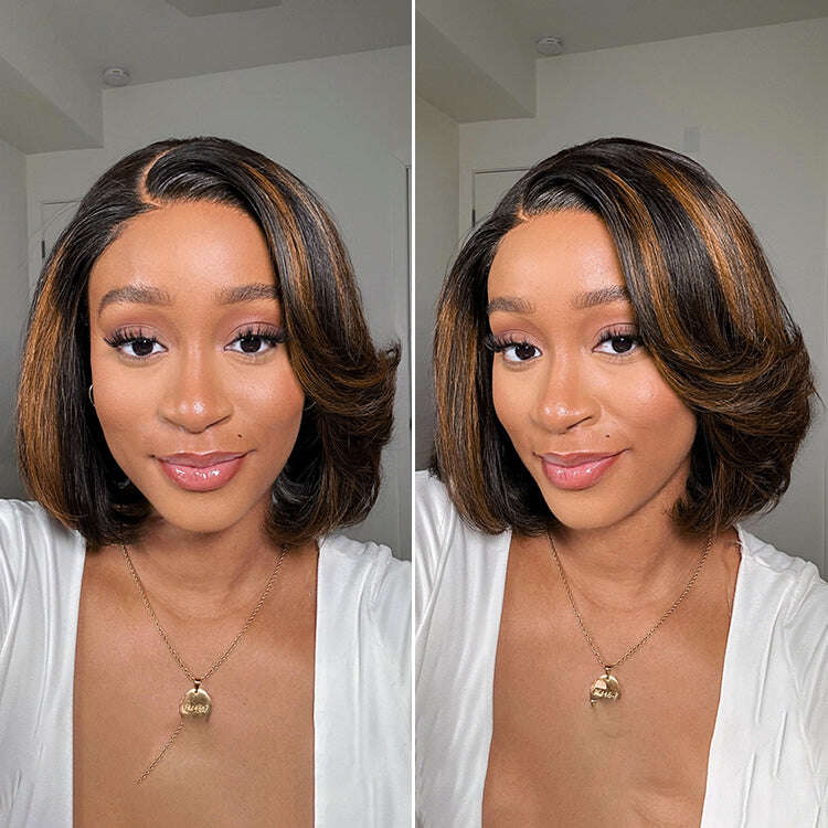 Limited Design | Toffee Brown Mix Blonde / Natural Black Layered Cut Glueless 5x5 Closure Lace Bob Wig