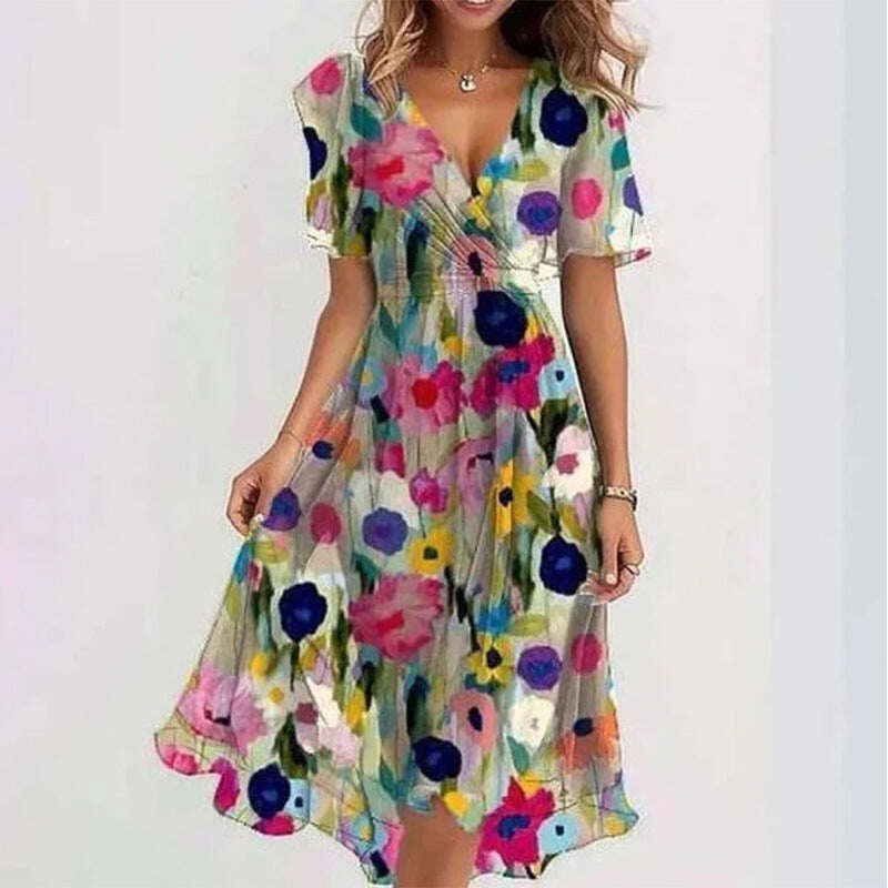 Vestido colorido com decote em V e estampado