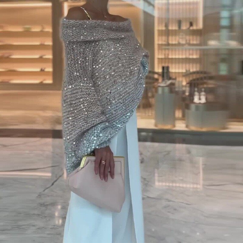 2023 OUTONO E INVERNO NOVO EUROPEU HIGH-END TEMPERAMENTO CONFORTÁVEL COM DECOTE EM V LANTEJOULAS XIAOXIANG CAMISOLA JAQUETA