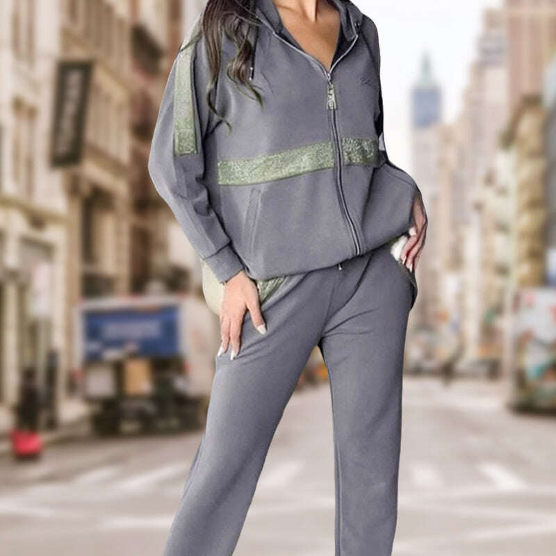 🎅Promoção de Natal de 49%💥Lantejoulas femininas – conjunto casual de 2 peças em cor sólida enfeitada