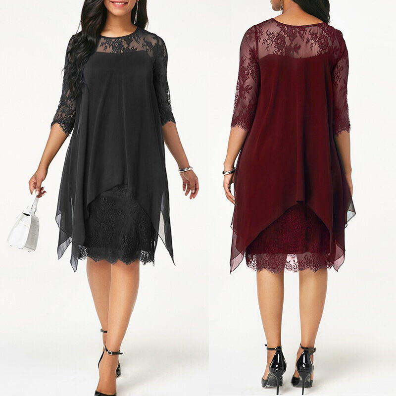 2024 primavera e verão novo estilo elegante saia de chiffon na altura do joelho com costura de renda e manga três quartos