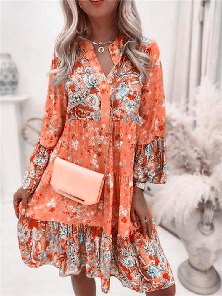 2024 Nova primavera e outono estilo floresta vestido com decote em V estampado manga sino com saia